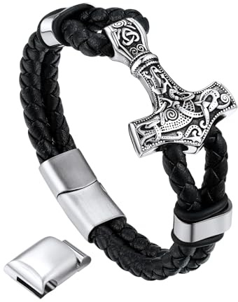 Bandmax Pulsera Martillo Vikingo Cuero Trenzado Pulsera de Hombres Pulsera de Cuero Pulsera Trenzada con Cierre Magnético brazalete Amuleto Vikingo