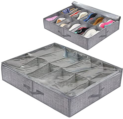 VidFair Under Bed Shoe Storage Organizer 12 Pockets Underbed Shoe Storage Chest with Clear Lid Foldable Non-Woven Fabric Lattice Storage Containers with Reinforced Handles