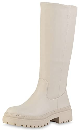 VAN HILL Damen Leicht Gefütterte Plateaustiefel Stiefel Blockabsatz Schuhe Profilsohle Plateauschuhe Freizeit Plateau Vorne Boots 208850 Beige 39