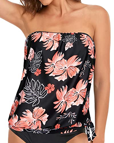 Holipick Floral Strapless Tankini Tops for Women Swimwear Top ONLY Bandeau Bathing Suit Top Blouson Swimsuit Top No Bottom X-Large