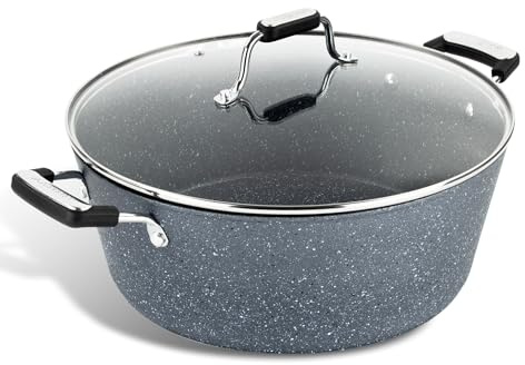 Scoville Expert Neverstick+ 32cm Stock Pot with Glass Lid, Large Non-Stick Stock Pot, 8L Capacity, Suitable for All Hobs, Ergonomic Handles, Deep Cooking Pot, PFOA Free, Aluminium, Grey