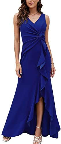 FQA Formal Evening Dresses for Women Elegant Dresses for Women Evening Party Floor Length Royal Blue Prom Dress Long Sexy V Neck Sleeveless Split Wrap