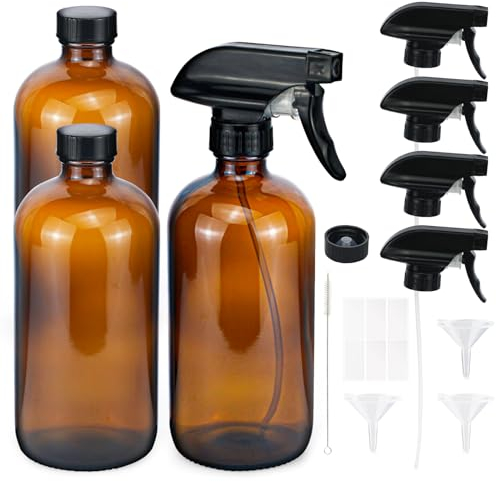 3Pieza 500ml Pulverizador Botellas de Spray,Vacías Ambar Boston Vidrio Botella de Aerosol con pulverizadores de gatillo,tapa,etiqueta y cepillo para Aceite Esenciale,Perfume,Limpieza (Ambar,3 X 500ml)