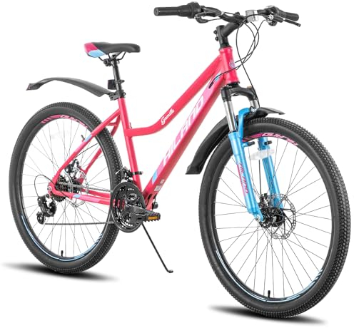 HILAND Mountain Bike da donna e ragazza da 26 pollici a 21 velocità con forcella in acciaio sospesa, telaio con freno a disco e parafango verde menta/rosa