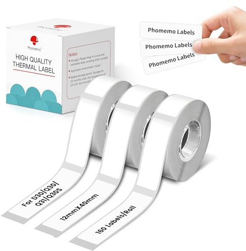 Phomemo D30 Etiquetas Adhesivas para Organización y Clasificación de Documentos, compatibles con Impresoras Térmicas D30, Q30S, Q30, Q31, 12 mm X 40 mm, 3 Rollos, Blanco