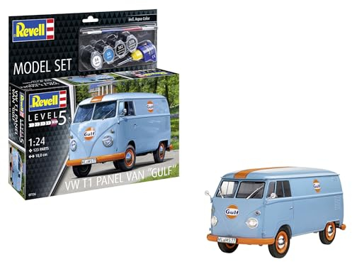 Revell Model Set 67726 VW T1 Panel Van (Gulf Decoration) 1:144 Scale Unbuilt,Unpainted Plastic Model Kit with Contacta Professional Glue, Paintbrush & Selected Aqua Color Paints