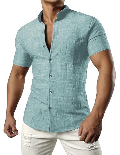 JOGAL Camicia da uomo in lino, a maniche corte, in lino, vestibilità normale, per il tempo libero, Blu Denim, S