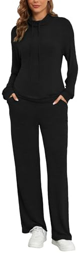 Famulily Cowl Neck Womens Tracksuit Sets Drawstring Long Sleeve Pullover Top and Elastic Waist Wide Leg Pants with Pockets Black XL
