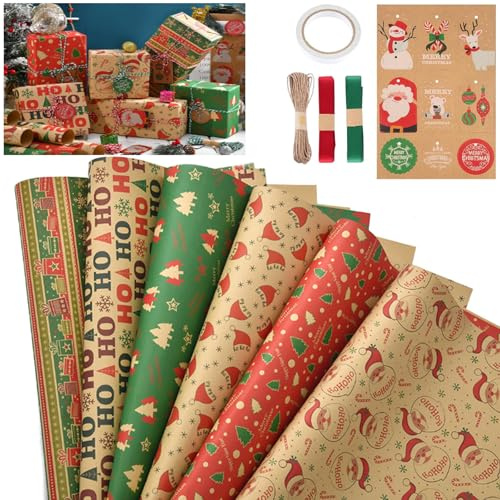 DXRPO Julpresentpapper, omslagspapper jul 12 stycken kraftpapper julpapper 70 x 50 cm med dubbelsidig tejp färgband och jutesträngar, för jul födelsedagspresenter