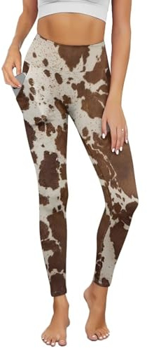 AFPANQZ Brown Cow Print Yoga Legging for Womens Girls Casual Seamless Compression Legging Comfort Seamless Athletic Pants Cycling Running Workout Butt Lift Athletic Yoga Leggings with Pockets