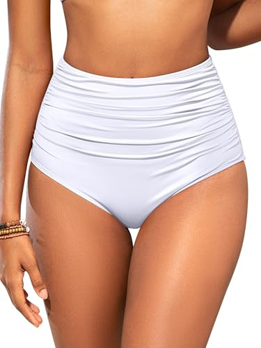 SHEKINI Femmes Retro Ruched Haute Taille Bikini Fond Ventre Contrôle Shapewear Maillots de Bain Fond Tankinis Brief (Blanc, Small)
