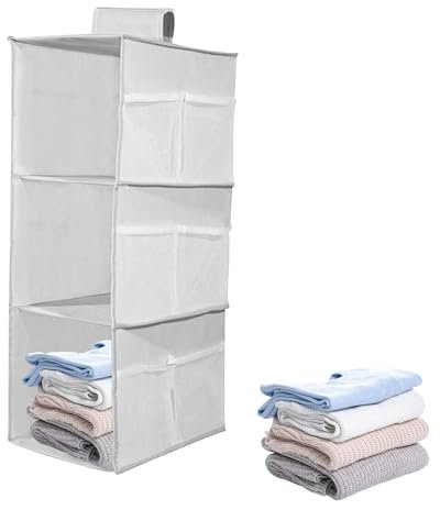 Hanging Wardrobe Storage Organiser, 3 Shelves Hanging Storage Foldable Wardrobe Closet Organiser with 9 Side Pockets, Washable hanging Closet storage Shelves for Clothes Bag Shoes, Grey(60x30x22cm)