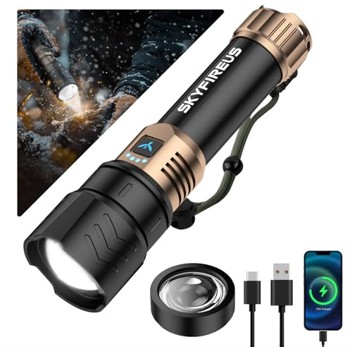 SKYFIRE Torcia LED Potente Professionale | 900.000 Lumen Torcia Ricaricabile, 4 Modalità Luminose con Zoom | Lente Accendi-Fuoco | Impermeabile, ideale per Campeggio, Emergenze（Nero dorato）