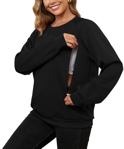 DEBELLY Nursing Friendly Sweatshirt for Breastfeeding Women Dual Zippers Nursing Top Long Sleeve Crew Neck Casual Wear, Black, Large