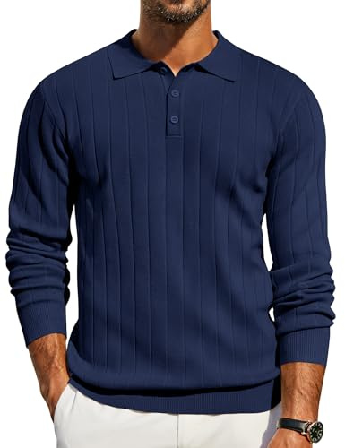 COOFANDY Mens Polo Jumper Long Sleeve Knitted Polo Shirts Casual Pullover Regular Fit Navy Blue XXL