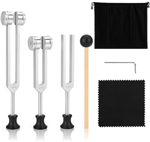 Juego de diapasón de precisión 128 Hz, 256 Hz, 512 Hz, aleación de aluminio profesional para terapia de sonido y meditación y curación de chakras, mazo de silicona, bolsa de almacenamiento, yoga