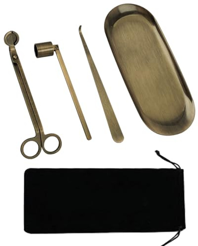 Hiphiprun Ensemble d'accessoires de bougie 4 en 1, éteteindre, coupe-mèche de bougie, cuillère à bougie, plateau de rangement, kit d'entretien des bougies avec pochette en velours pour les amateurs de