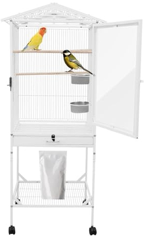 Gabbia per uccelli con ruote, grande gabbia per uccelli in ferro, bianca per pappagalli e parrocchetti, gabbia stabile con porta bloccabile per balcone, casa e amanti degli animali