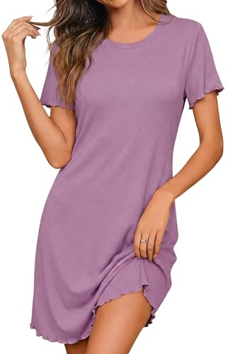 Demegimi Chemise de Nuit en Coton Robe Femme Courte Manches Courtes Nuisette Légère Robe Tee Shirt Vêtements de Nuit Été，Rose Poudré，M