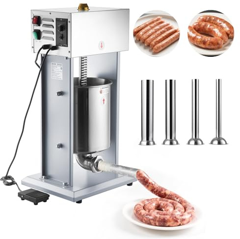 VEVOR Electric Sausage Stuffer, 22 LBS / 10 L Vertical Meat Filler with Stepless Speed Adjustment, Stainless Steel Sausage Stuffing Machine, Foot Pedal & 4 Filling Tubes, for Commercial and Home Use