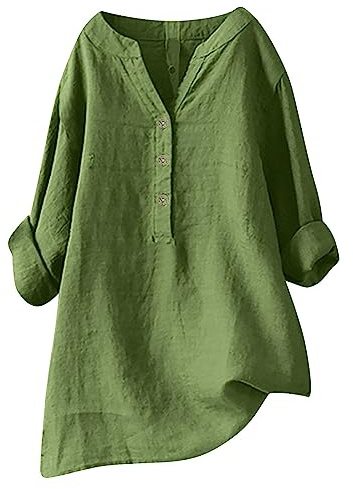 Camicetta da donna a maniche lunghe con colletto alto e effetto stropicciato, estiva, autunno, tinta unita, casual, vestibilità larga, con bottoni, verde, 4XL