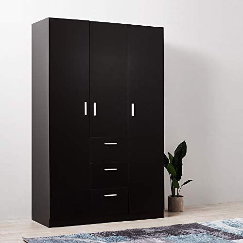 Panana Modern 3 Doors Wardrobes with 3 Drawers and Hanging Rail Large Triple Clothes Storage Closet for Home Bedroom Units (Black)