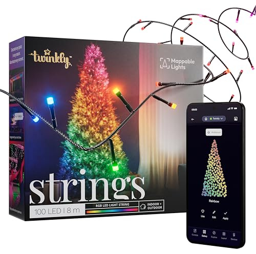 Twinkly Strings 100 LED RGB, Striscia di Luci LED per Esterno e Interno, Luci Smart Multicolore, Compatibile con Alexa e Google Home, Luci Mappabili, IP44, Controllo App, Filo Nero, 8m