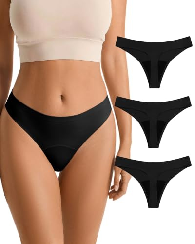 SHARICCA Tangas de Bragas Menstruales sin Costura Absorbentes Menstruales Ropa Interior Tanga Lavable Periodo Mentruación Thong (Negro-3P01, L)