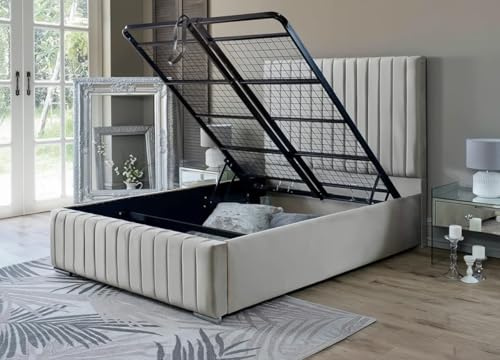 Ottoman Bed Double| 4.6ft Double Storage Bed with Gas Lift Up Heavy Duty Mesh Frame, Upholstered Base and Headboard (Beige)