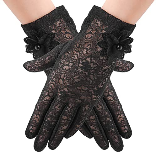 Florale Spitzenhandschuhe Halloween Spitzenmuster Handschuhe Damen kurze Elegante Fascinator Schwarze Netzhandschuhe Elastische Halloween Schutz Fahrhandschuhe Touchscreen für Hochzeit Opernessen