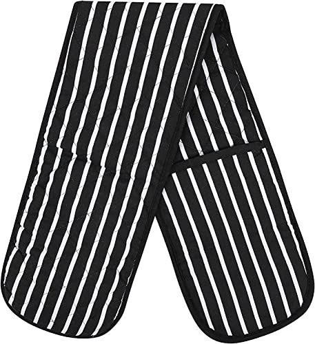 Double Oven Gloves Butcher Quilted Stripe Heavy Duty Heat Resistant Oven Mitts Pot Holder Heat Protection 100% Cotton For Baking and Cooking Kitchen Accessories Black Oven Glove (18 * 90 cm Black)