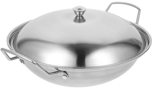 Luxshiny Saute Pan Stainless Steel Pan Stainless Steel Wok, Chefs Stir-Fry with Lid Round Cooking Pot for Home Kitchen Cooking (10Inch) Cast Iron Wok