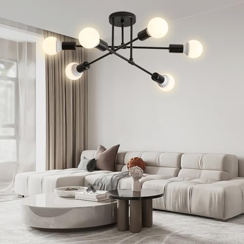 BRIMETI Lamparas de Techo Industrial Vintage Sputnik Plafon Techo Bombilla E27 de 6 Luces Moderna Negro Retro Lámparas de Techo para Salón, Dormitorio, Comedor, Cocina, Sin Bombilla (Negro)