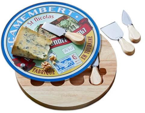 Occasion Glass Top Cheese Board & Knife Gift Set with Lazy Susan Turntable Base