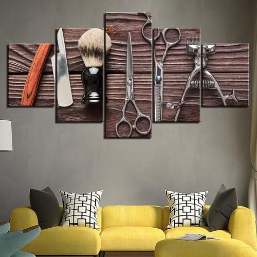5 teiliges wandbild Friseurwerkzeuge Friseursalon Haarschnitt Make-up 5 stück leinwand wandkunst,5 teilig leinwand wanddeko,leinwanddruck 5 teilig bilder wohnzimmer modern groß,mit rahmen,xxl 100x55cm