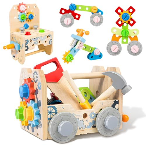 JONRRYIN Werkzeugkoffer Kinder Werkbank, 51 Stück Holzspielzeug Kinderwerkzeug ab 2 3 4 Jahre Montessori Spielzeug,Geschenk Junge Mädchen Werkzeug