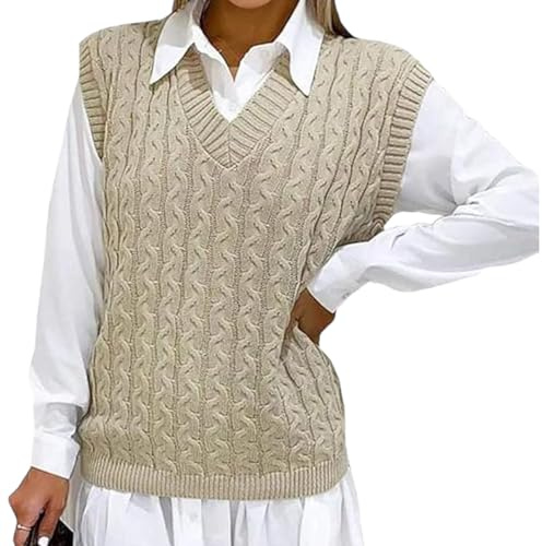 Sleeveless Jumpers for Women Plain Ladies Chunky Knit Vest Womens Knitted Winter V Neck Tank Top Cable Sweaters Pull Over Soft Casual Outwear Sleeveless Jumper Plus Size UK (Beige, 8-10)