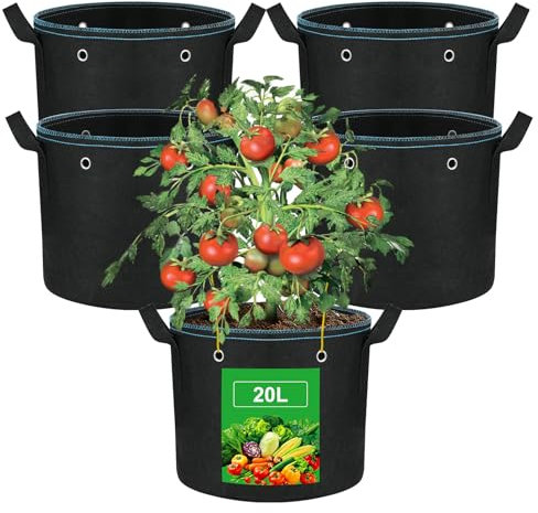 VIEWALL 5 Stück 20 L Pflanzsack aus Stoff mit Griff & Metallösen,Kartoffelsack Wiederverwendbare Pflanztasche für Bepflanzung in EinemPflanzenzelt,Schwarz Stofftopf