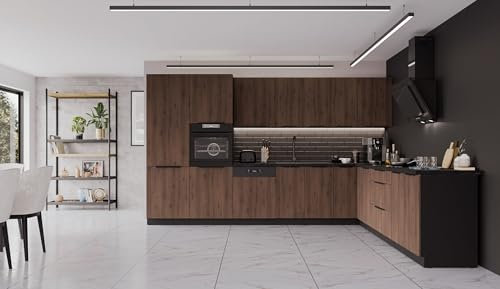 Winkelküche Monza 350x290 cm Küchenzeile Eckküche Küche Nußbaum Okapi Schwarz