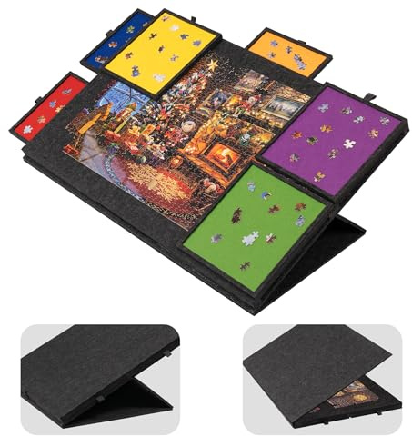 Lavievert Tablero de rompecabezas inclinable de 1500 piezas con soporte y cubierta diseñados 2 en 1, mesa de rompecabezas de fieltro ligero con 6 cajones de colores, mesa de rompecabezas portátil con