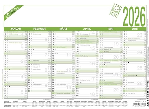 Work Day Calendar Recycling 2026 – A4 (29.7 x 21 cm) – 6 Months on 1 Page – Blue Angel – Blackboard Calendar – Poster Calendar – Year Planner – 907-0700