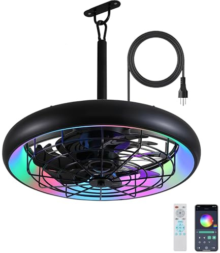 Netin 20 Outdoor Ceiling Fan with Lights,RGB & 3CCT Dimmable,6 Speed Hanging Gazebo Fan,IP65 Waterproof Plug-in Black Caged Ceiling Fan with Remote/App Control for Patio,Porch,Pergola(Matte Black)