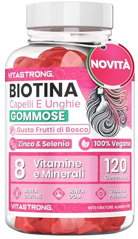 Biotina Complex Vegano Vitastrong, 120 Gommose per Capelli, Pelle, Unghie Senza Saccarosio, Biotin Alto Dosaggio con Vitamina C, Vitamina E Antiossidante, Zinco, B6, Folato, Selenio, Iodio