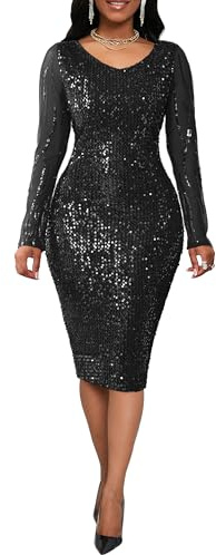 VERWIN Sequins Bodycon Sparkly V-Neck Midi Long Sleeve Prom Party Cocktail Dress M Black