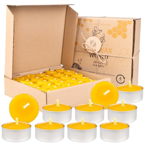 BeesWax World 100% bivaxljus – bivaxvärmeljus med bomullsvekar – 4 timmars brinntid – 10–50 delars ljusset – bivaxljus med återvunnen plast (50, metall)