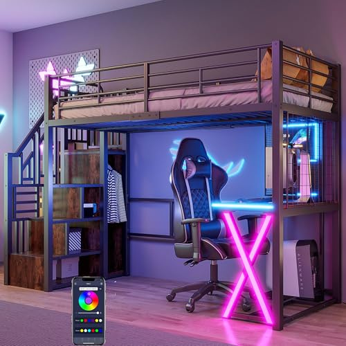 Biqzuya Lit Mezzanine Métal 90x200 cm avec Bureau, lit superposé avec Dressing, lit Enfant Échelle de Rangement, Étagères et Éclairage LED, Noir, sans Matelas