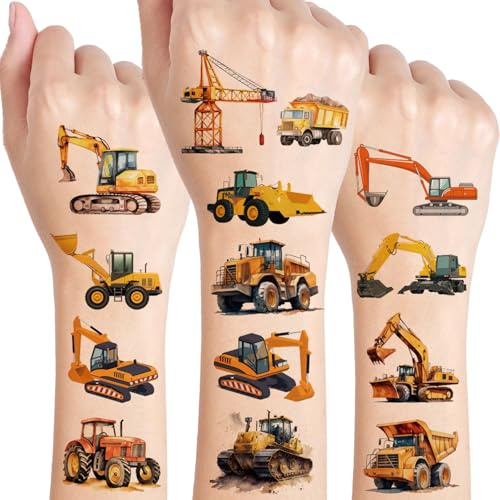 Engineering fordon tillfälliga tatueringar, 10 ark byggfordon, tatuering att klistra på för flickor, pojke, kropp, arm, axel, födelsedagsfest, gåva, små, barntatueringar, hudvänlig