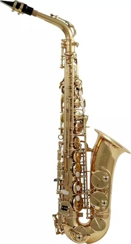 Woodbrass WSA100 - Saxophone Alto Mi♭ Verni – Instrument Débutant Prêt à Jouer, Laiton Verni, Tampons Cuir avec Résonateurs Métal, Étui & Accessoires Inclus