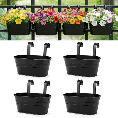 RIOGOO Vasi da Fiori in Ferro Metallico Vasi da Fiori da Appendere Vasi da Giardino Fioriere da Balcone Secchio Portafiori da Appendere a Parete Vaso Decorativo- Gancio Staccabile (4 Pezzi) (nero)