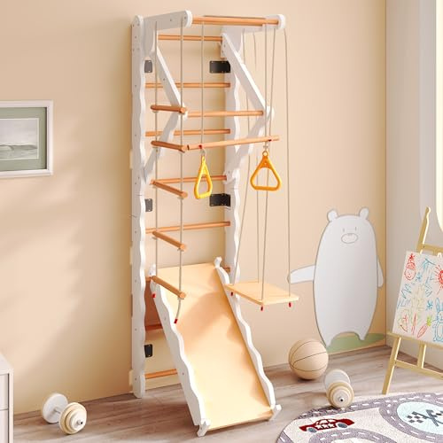 vutizal Struttura da arrampicata 6 in 1 per interni in legno massello con scivolo e altalena, per bambini dai 3 anni in su